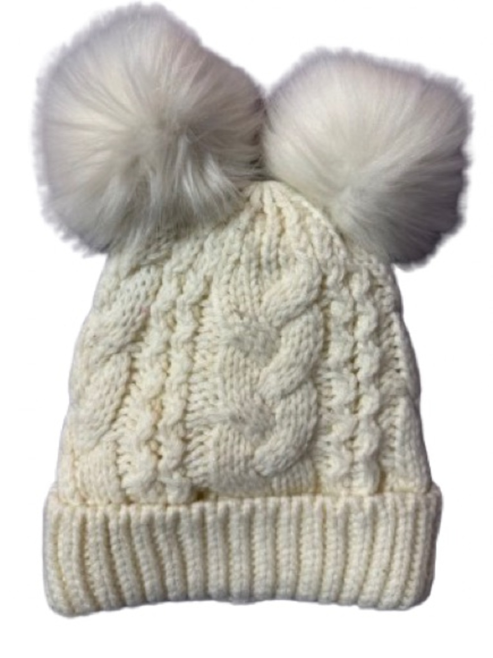 GAP Cream Cable Knit Kids Beanie with Double Faux-Fur Poms